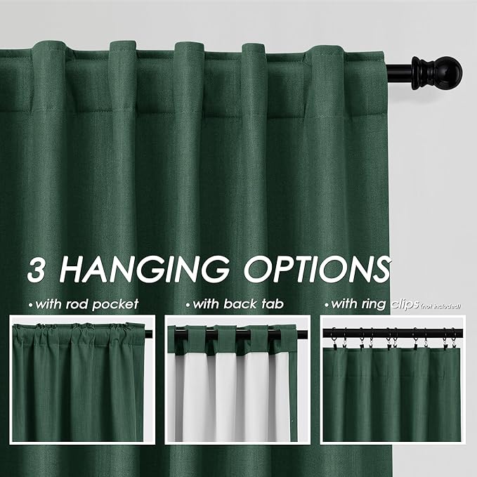 Nanspring Green Linen Blackout Curtains 72 inch Length for Living Room Boho Farmhouse Back Tab Rod Pocket Thermal Insulated Textured Living Room Blackout Curtains 2 Panels Set 52x72 Inch