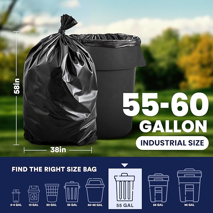 Plasticplace 55-60 Gallon Trash Bags │ 1.2 Mil │ Black Heavy Duty Garbage Can Liners │ 38” x 58” (50 Count)