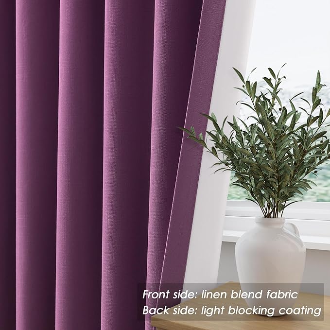 Purple Linen 100% Black Out Curtains 108 Inches Long 2 Panels Set for Bedroom Boho Farmhouse Back Tab Thermal Insulated Energy Efficient Room Darkening Curtains Living Room High Ceiling Length 9 FT