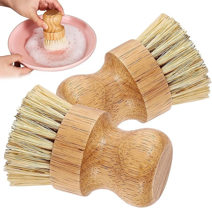 Natural Wooden Dish Brush，Kitchen Bamboo Scrub Brush for Dishes，2 Pack (Style-B, Large)