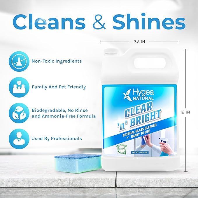 Hygea Natural Clear 'n' Bright - Glass Cleaner Spray - Streak-Free & Ammonia-Free Window Cleaning - Eyeglass, Window & Mirrors Cleaning Supplies - Safe & Fast with Natural Ingredients (1 Gallon)