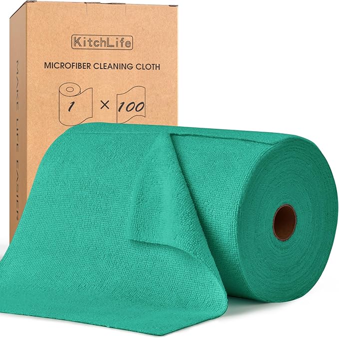 KitchLife Microfiber Cleaning Cloth Roll, 100 Pack - Tear-Away Microfiber Paper Towels, Lint-Free, Reusable, Washable for Kitchen, Car, Dishes, and Sensitive Surfaces (Emerald Green)
