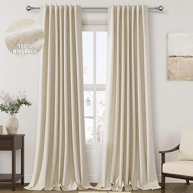 Nanspring Tan Beige Linen Blackout Curtains 144 inch Length Back Tab Rod Pocket Thermal Insulated Textured Living Room Blackout Curtains 2 Panels Set 52x144