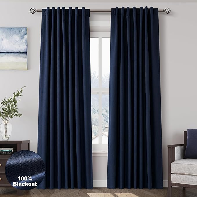 Navy Blue Linen Blackout Curtains 86 Inches for Bedroom Pinch Pleated Modern Living Room Draperies 86 Length 2 Panels Energy Saving Thermal Insulated Dark Blue Black Out Curtains with White Backing