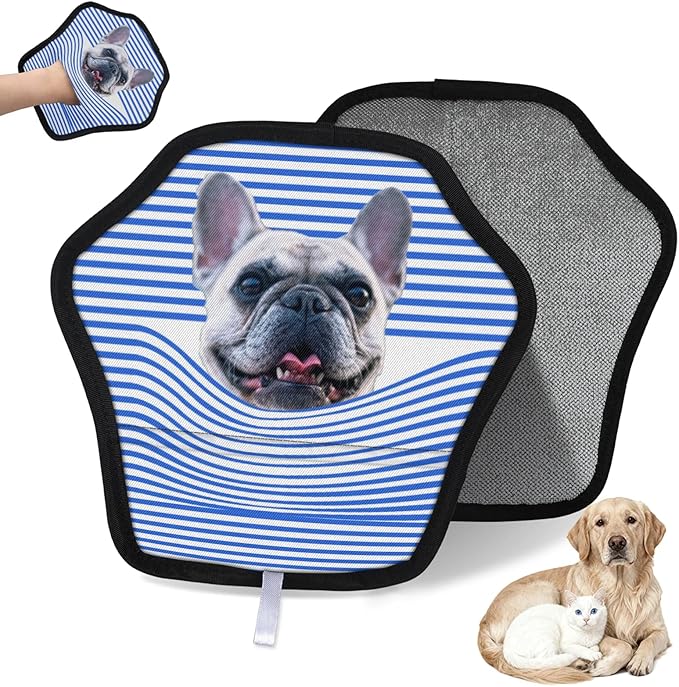 XIOBODR Personalized Pet Hair Remover Glove for Dogs & Cats - Custom Photo & Name Magic Brush for Dog Cat Hair Removal, Reusable Electrostatic Pet Hair Gloves for Furniture Carpet Couch, Blue Stripe