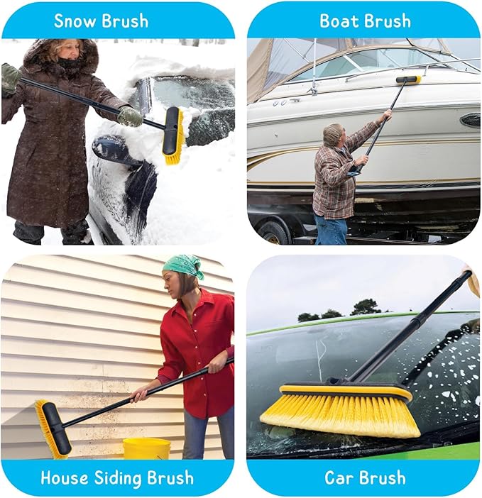 KeFanta Car Wash Brush with Long Handle, 55'' Vehicles Exterior Washing Supplies, Soft Bristle Scrub Broom for Solar Panel, Boat, RV, Truck, Deck Cleaning, 2 Wax Applicator Pads Included