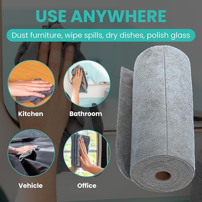 Microfiber Cleaning Cloth Roll, Reusable Tear Away Towels, Ultra Absorbent Dish Rags for Car, Home, Garage (Grey 180 GSM Thickness)