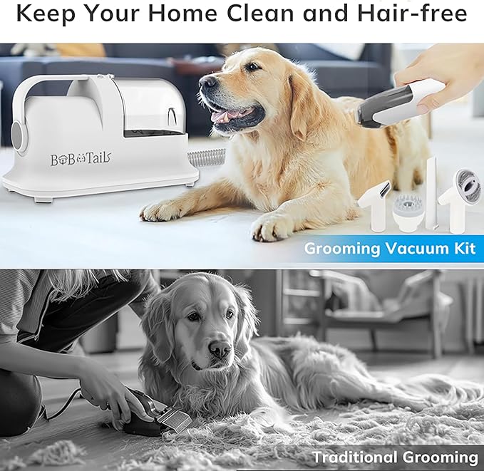 Bobotails Pet Grooming Vacuum Kit, 1.5L Dust Cup Dog Grooming Vacuum 8 in 1, Dog deshedding Brush with Clipper Low Noise Mess-Free for Shedding Pet Hair, Home Cleaning (White)