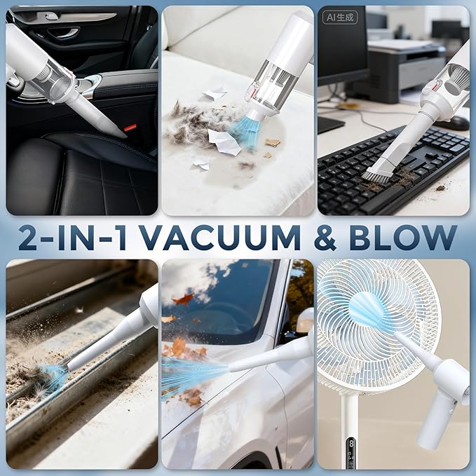 TURNRISE Car Vacuum Cordless: 12000Pa 2 in 1 Handheld Vacuum & Blower - Hand Vacuum Portable Cordless with Led Light, Multi-Nozzles for Car, Home, Office, Pet, Hair White