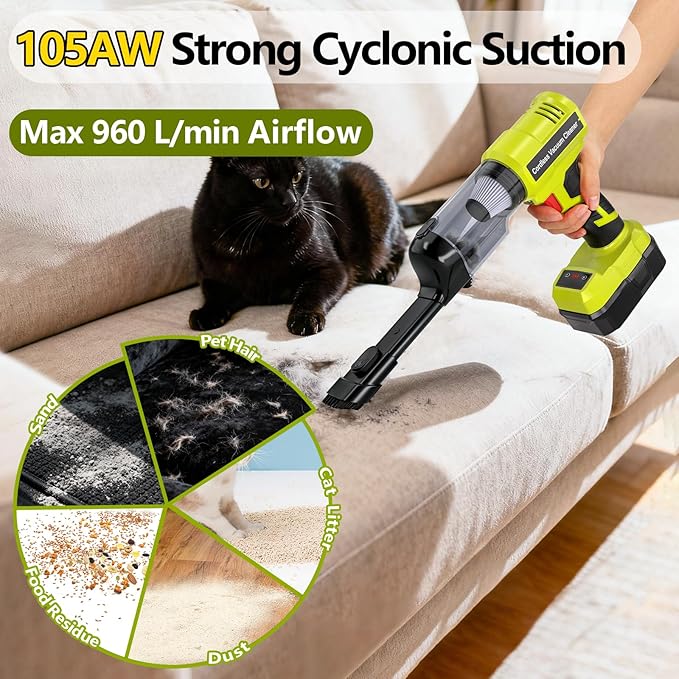 Adisipsoarin Cordless Vacuum Cleaner for Ryobi 18V Battery, Electric Handheld Vacuum Cleaner with 105AW Powerful Suction, Portable Vacuum Cleaner for Floor, Carpet, Car, Home (Battery Not Included)