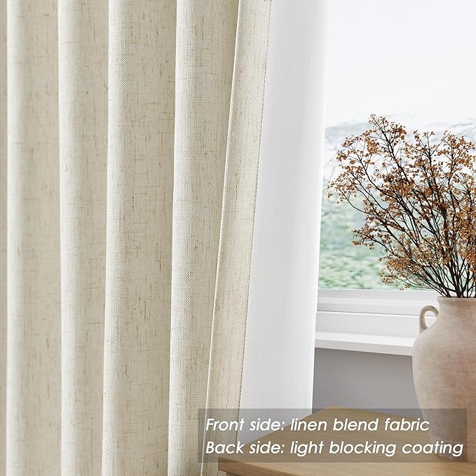 Warm Beige Linen Blackout Curtains 90 Inches Long Loop Pocket Rod Pocket Flax Linen Sound Absorbing Thermal Insulated Blackout 2 Panels Set for Dining Room Modern Urban Curtains Drapes 52x90