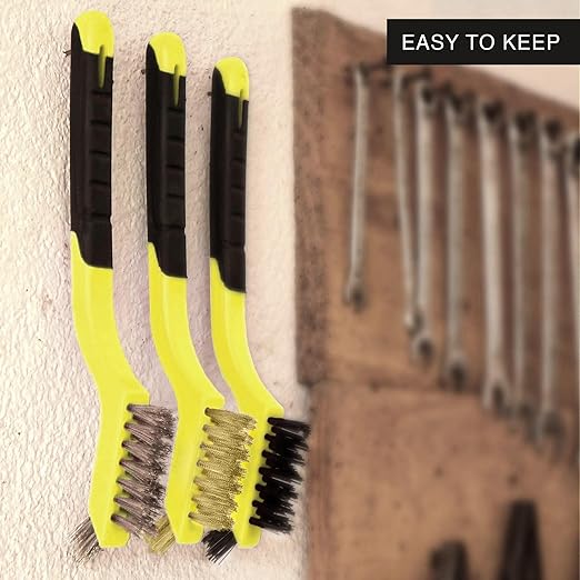 Lavaxon Wire Brush Set 3Pcs - Nylon/Brass/Stainless Steel Bristles with Curved Handle Grip for Rust, Dirt & Paint Scrubbing with Deep Cleaning – 7 Inches (Yellow)