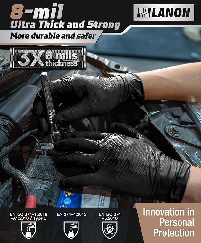 LANON Protection Heavy Duty Black Nitrile Gloves, Food Safe, Latex Free, Powder Free, Mechanic, Fully-Diamond Textured Grip Industrial Disposable Gloves, 8mil, Small