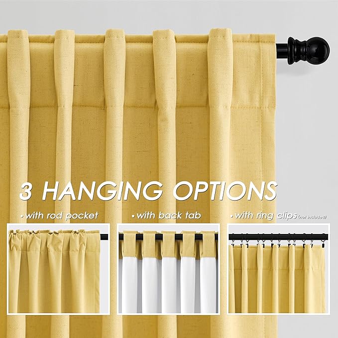 Nanspring Gold Yellow Linen Blackout Curtains 84 Inches Long Back Tab Rod Pocket Thermal Insulated Full Light Black Out 2 Panels Set for Living Room Elegant Modern Curtains Drapes 52x84
