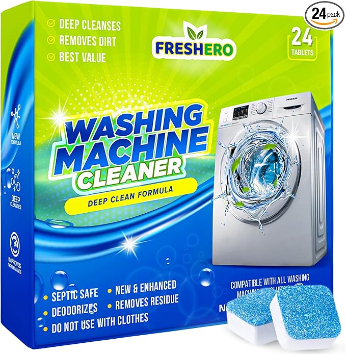 Washing Machine Cleaner Tablets – 24-Pack Deep Cleaning for Front Loader, Top Load & HE Washers – Helps Remove Odor-Causing Residues, Pet Hair & Hard Water Buildup – Septic Safe