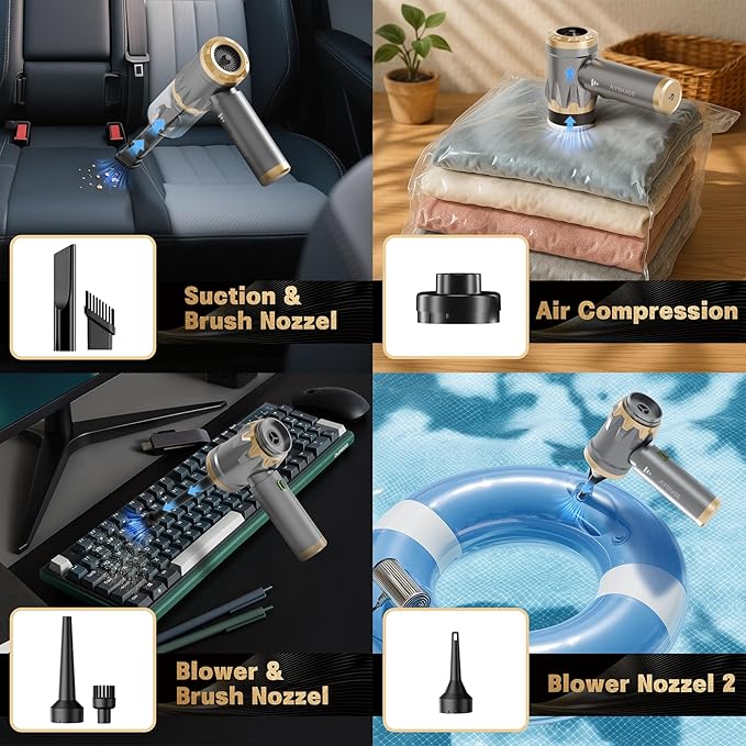 Car Vacuum Portable Cordless, 20000PA High Power Vacuum Cleaner, Brushless Motor, 3-Speed Modes, 4 in 1 Compressed Air Duster, Air Blower, Pump Handheld Vacuum for Car, Home, Office, Camping - Grey