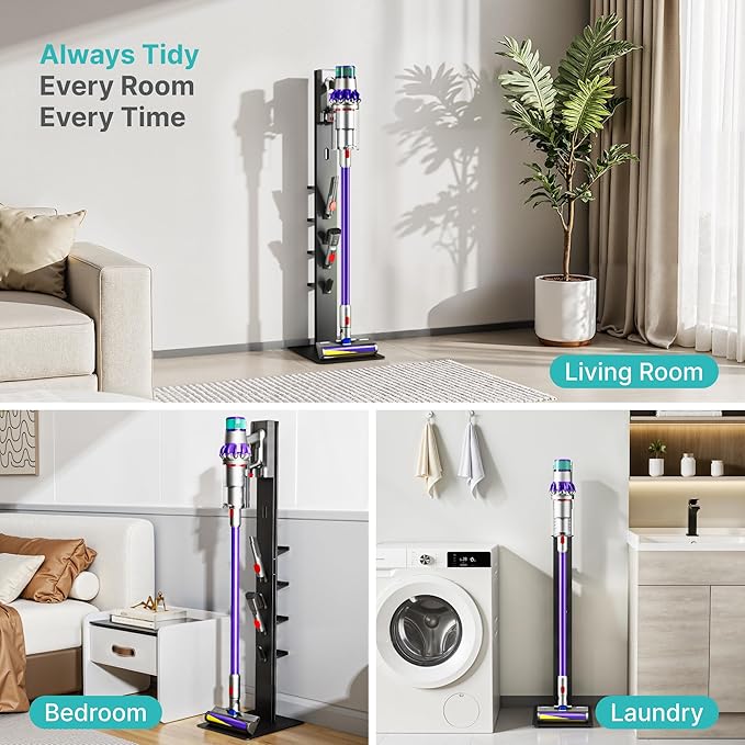 PEGZONE Vacuum Cleaner Stand, Compatible with Dyson Gen5 V15 V12 V11 V10 V9 V8 V7 V6, Floor Cordless Vacuums Attachment Holder with 4 Hooks and 4 Shelves, Metal Storage Bracket Organizer, Black
