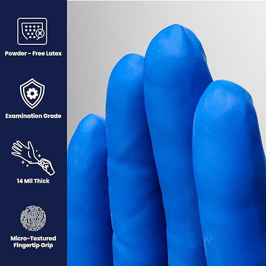 Adenna HER002 Hero 14 mil Powder-Free Latex Gloves, Extended Cuff, Medical Grade, Blue, Small, Box of 50