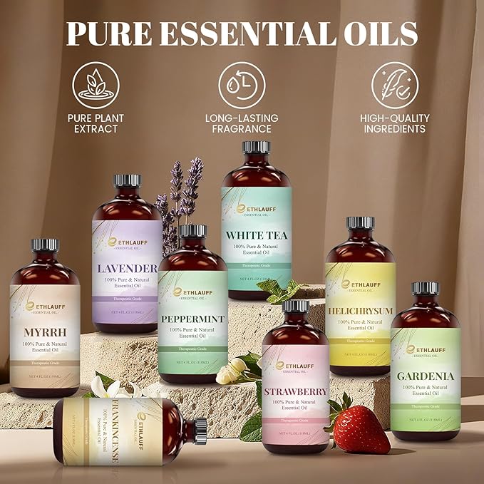 Frankincense Essential Oil (4 fl.oz Bottle + 0.34 fl.oz Roll-On) — Frankincense Oils for Aromatherapy, Diffusers, Humidifiers, Home fragrances, DIY Skincare, Candle, Soap Making, Relaxation, Yoga