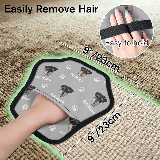 Personalized Pet Hair Remover Glove for Dogs & Cats - Custom Photo & Name Magic Brush for Dog Cat Hair Removal, Reusable Electrostatic Pet Hair Gloves for Furniture Carpet Couch, Face Paw Grey