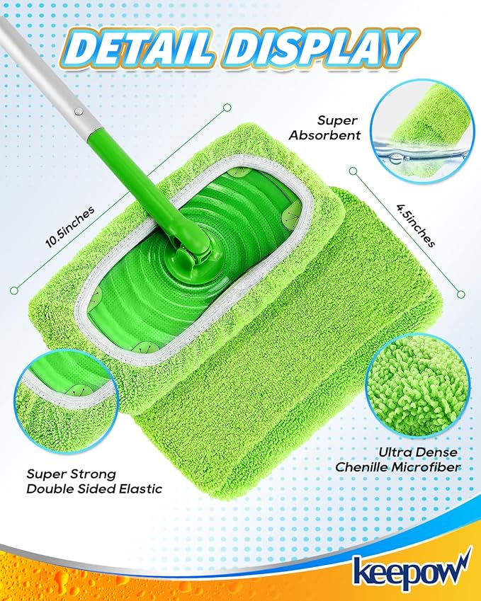 KEEPOW Reusable Dry Sweeping Cloths Microfiber Wet Mop Pads Compatible with Swiffer Sweeper Mop Replacement Sweeping Mopping pad Refills for Hardwood Surface Floor Cleaning (4PCS)