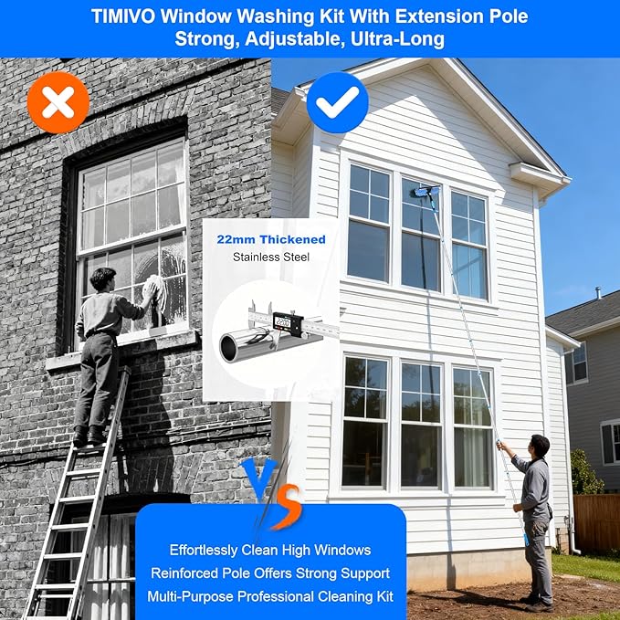TIMIVO 152'' Window Cleaning Kit, 2 in 1 Window Squeegee with Extension Poles, Window Cleaner Tools for Indoor/Outdoor High Window, Car, Glass