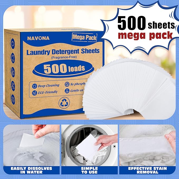 500 Loads Laundry Detergent Sheets, Eco-friendly Laundry Sheets, Powerful Cleaning, Suitable for Homes, Dorms, and Apartments- [Fragrance-Free]
