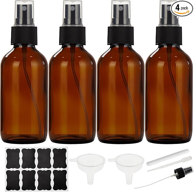 Dark Amber Glass Spray Bottles 4 oz, Small Empty Spray Bottles for Essential Oils, Fine Mist for Face, Hair, Plants, Travel, Perfumes, Cleaning Solutions - 4 Pack