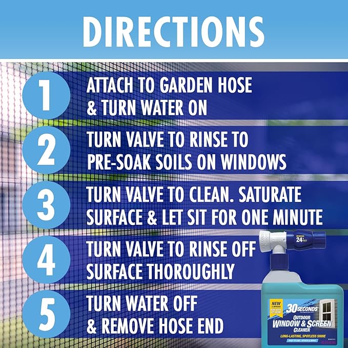 30 SECONDS Outdoor Window & Screen Concentrated Cleaner for Glass, Patio Doors, Fiberglass, Furniture - No Screen Removal Required, Spray & Rinse - Hose End Spray Attachment (2 PACK)