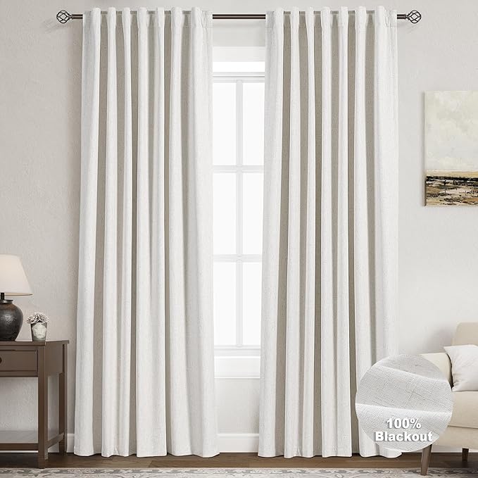 100% Blackout Linen Curtains 90 inch Length 2 Panels for Living Room Loop Pocket Pinch Pleated Black Out Drapes Cream Colored Heat Reducing Total Blackout Window Curtains for Bedroom 90 inches Long