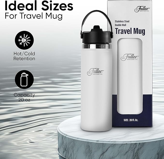 Fuller Stainless Steel Water Bottle with Straw Lid – BPA-Free, Sweat-Proof, Leak-Proof Travel Mug – Double Wall Insulated for Hot & Cold Drinks – Carry Handle (White, 20 Oz.)