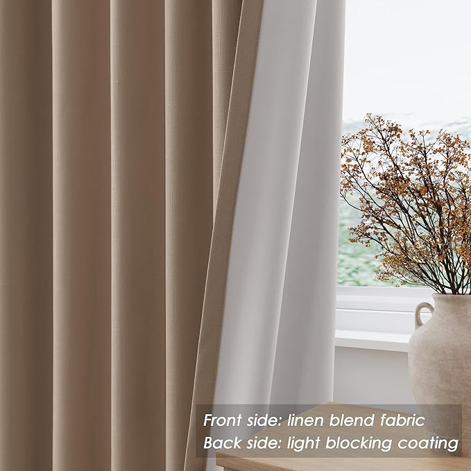 Nanspring Tan Linen Blackout Curtains 84 Inches Long Back Tab Burlap Flax Bedroom Blackout Curtains 2 Panel Sets Rustic Farmhouse Full Light Blocking Thermal Insulated Curtain 84 Inch Length