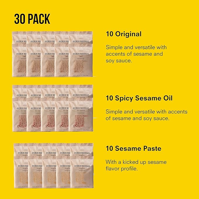 Public Goods Ramen Noodles | Brothless Vegan & Vegetarian Instant Ramen | Healthy, High Protein Asian Noodle | Preservative Free | No Added MSG | Original, Sesame Paste & Spicy Sesame Oil (30 Pack)