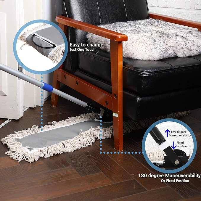 JINCLEAN 36" Industrial Cotton Floor Dust Mop with Adjustable Steel Handle - Commercial Mops for Hardwood, Tiles, Laminate, Vinyl, Garage epoxy, Bamboo Surface Cleaning and Flooring Push Dust Broom