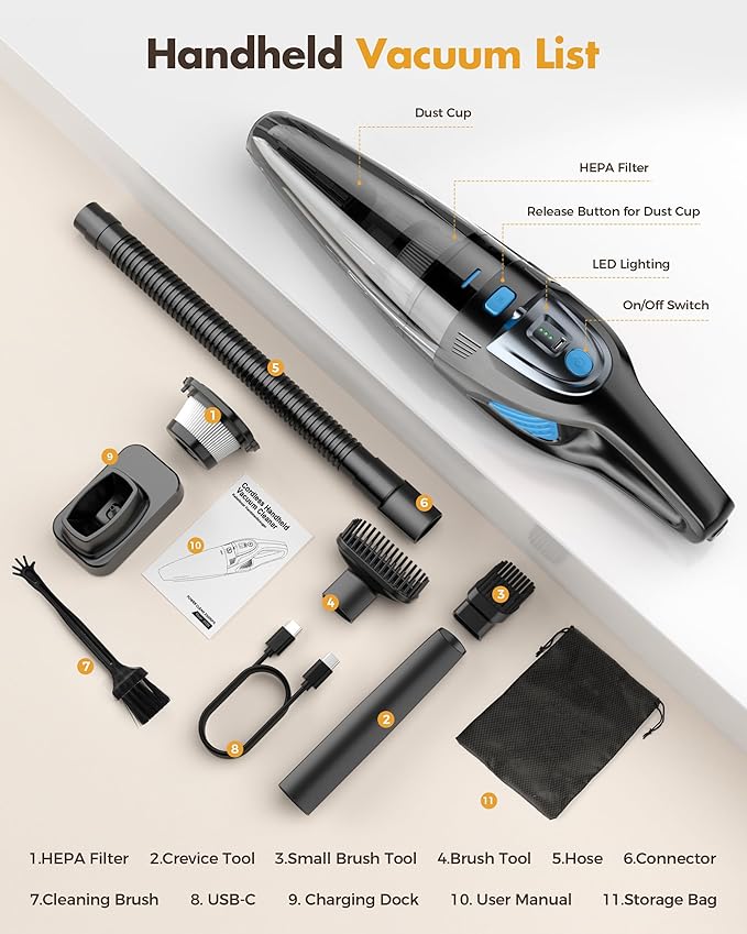 ZIHUOFAN Handheld Vacuum Cordless 25000PA Powerful Suction, Car Vacuum Portable Cordless（Dark Gray+Blue）