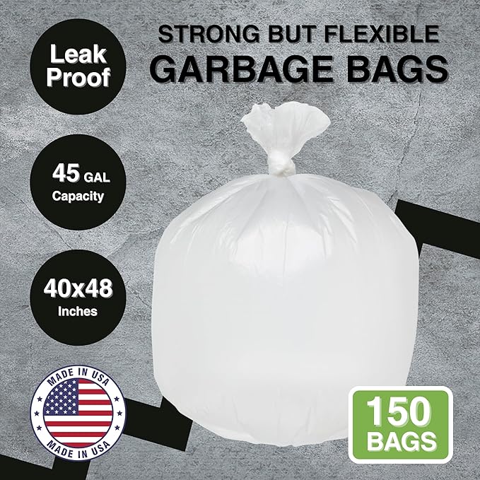 Top Knot Bags 45 Gallon Garbage Trash Bag 40X48" Clear 150 Count Can Liner Bulk 40 Gallon 41 Gallon 42 Gallon 44 Gallon Made in USA