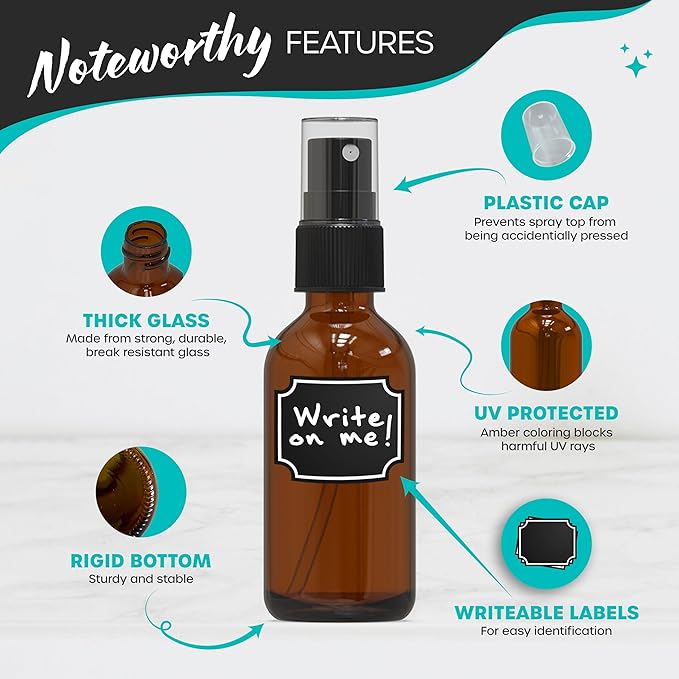 Nevlers Amber Glass Spray Bottles 2 Oz 24 Pack | Amber Glass Bottle Set w/Shrink Wrap, Funnel, Cleaning Brush & Sticker Labels| Mist Bottle For Use as Travel Spray Bottles For Face, Hair, Body & More