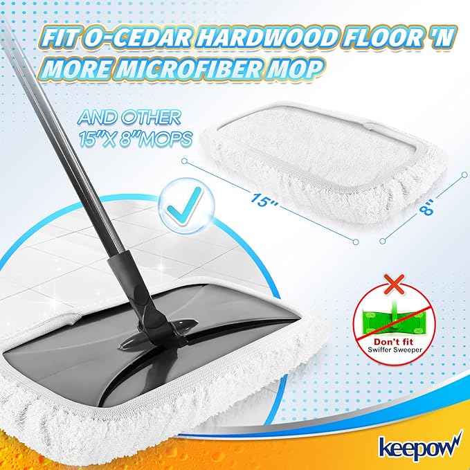 KEEPOW Reusable Mop Pads Compatible with O Cedar Hardwood Floor'N More Microfiber Mop, Mop Refill Heads Replacements for Wet and Dry Use, 15x8 Inch, 2 Pack
