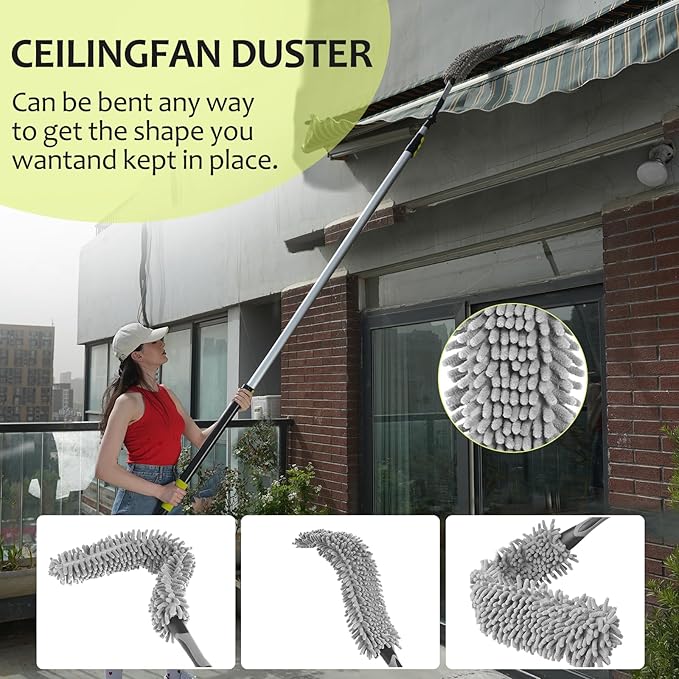 【Upgrade Anti Rotation 】 30FT High Reach Duster Kit,(18FT+6FT) Lightweight Aluminum Alloy Extension Rod,7-Piece Set,210° Steering Head Clean Various Angle,for Cleaning Ceiling,High Wall