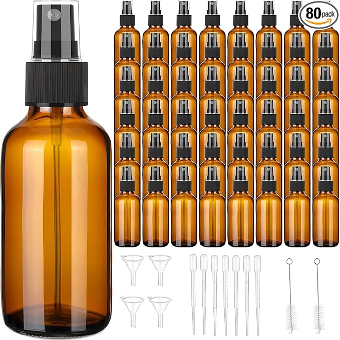 80 Pcs 2 Oz Glass Spray Bottles Fine Mist Spray Bottle Refillable Cosmetic Bottles Empty Small Bottle for Essential Oils Travel Cleaning Solutions Featuring Accessories (Amber)