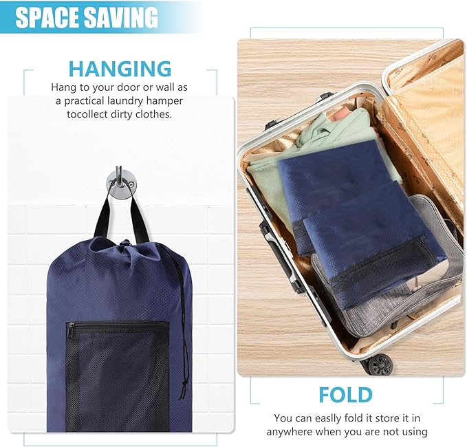Portable Laundry Backpack With Adjustable Shoulder Straps, Drawstring Closure & Mesh Pocket for Travel, College, Apartment, Camping (Dark Blue)