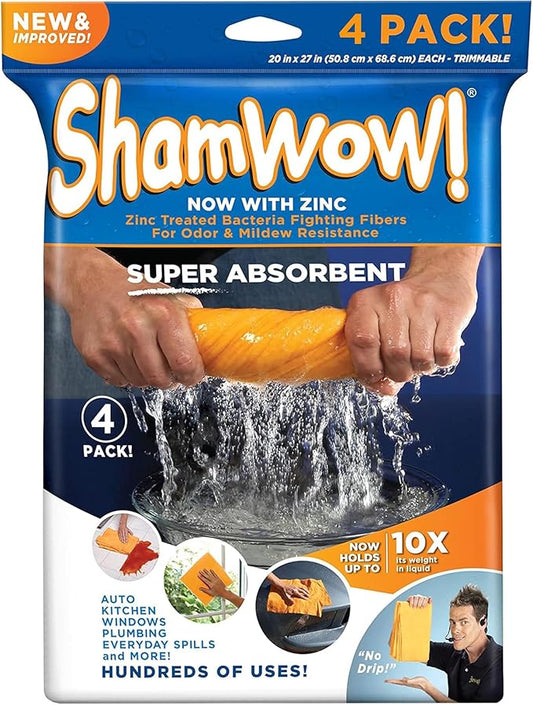ShamWow Original Super Absorbent Multi-Purpose Cleaning Shammy Chamois Towel Cloth - Holds 10X its Weight in Liquid - Machine Washable - Will Not Scratch (4 Pack, Orange)