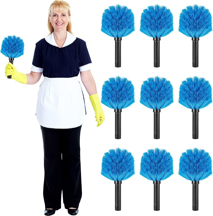 9 Pieces Twist on Cobweb Duster Bulk for Cleaning Company Cleaning Spider Web Remover Brush Cobweb Duster Head Attachment Fits Standard Threaded Poles, No Pole, Medium Stiff Bristles, Blue