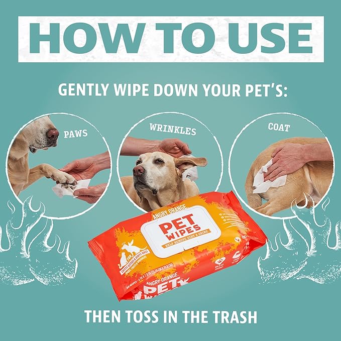 ANGRY ORANGE Pet Wipes + Odor Eliminator – Unscented Grooming Wipes for Dogs and Cats (80 ct) + Citrus Cleaner for Pet Urine, Stains and Smells (24 oz)