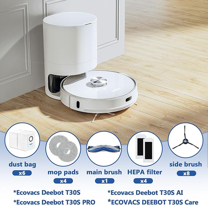 Resflyar 23 Pack T30S Replacement Parts for ECOVACS DEEBOT T30S, T30S AI, T30S Pro, T30S Care, T30S Robot Vacuum Accessories Kit, 1 Main Brush, 4 Hepa Filters, 4 Mop Pads, 6 Dust Bags, 8 Side Brushes