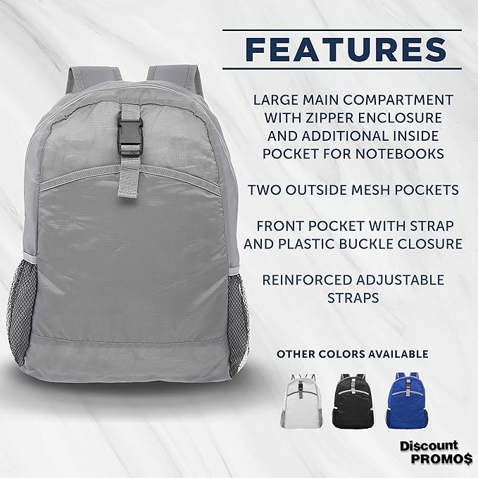 DISCOUNT PROMOS Lightweight Travel Packable Backpacks Set of 6, Bulk Pack - Perfect for Camping, Outdoor Sports - Grey