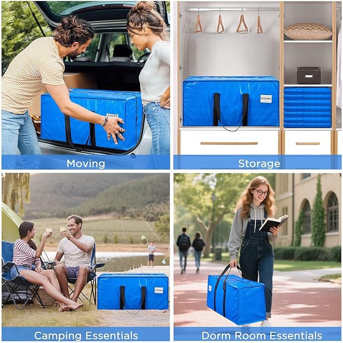 BETU Extra Large Moving Bags Heavy Duty Storage Bags with Zipper Handles, 10 Pack Clothes Storage Totes Bins Packing Moving Boxes, Moving Supplies for College Dorm Essentials, Space Saving, Blue