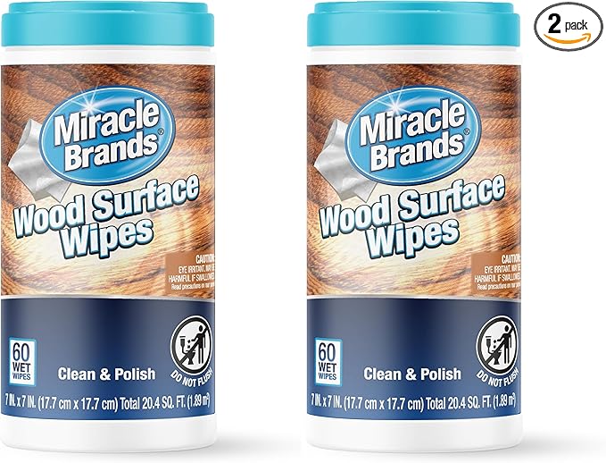 MiracleWipes for Wood Surfaces, Remove Dirt and Grime Buildup, Clean, Protect, and Polish Cabinets, Furniture, and Wood Floors, Great for Kitchen and Bathroom Cleaning Support - 60 Count (Pack of 2)