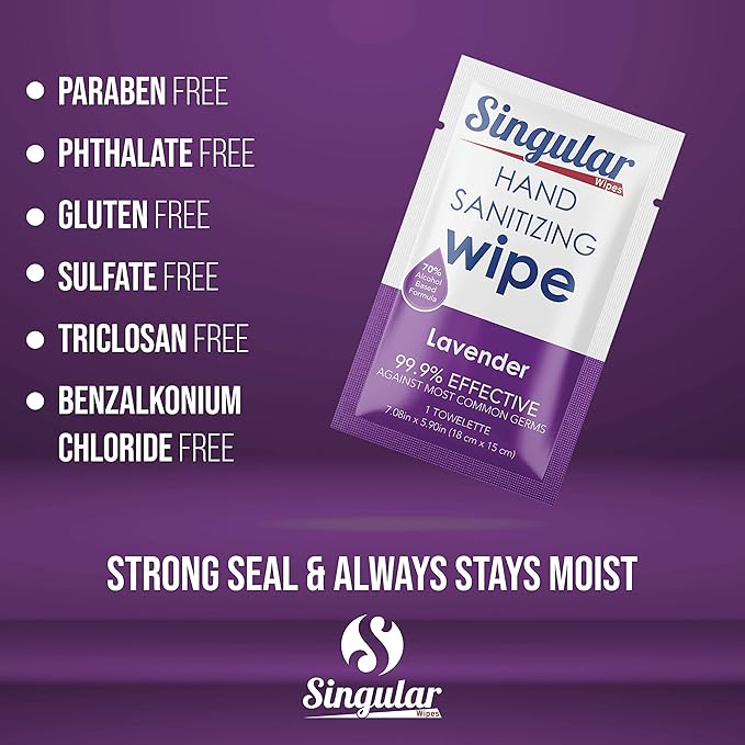 Hand Sanitizing Wipes Travel Size by Singular Wipes – 30ct Individually Wrapped | Lavender Scent, Moisturizing, 70% Alcohol Wipes | Travel, Office, School, Home | Made in USA