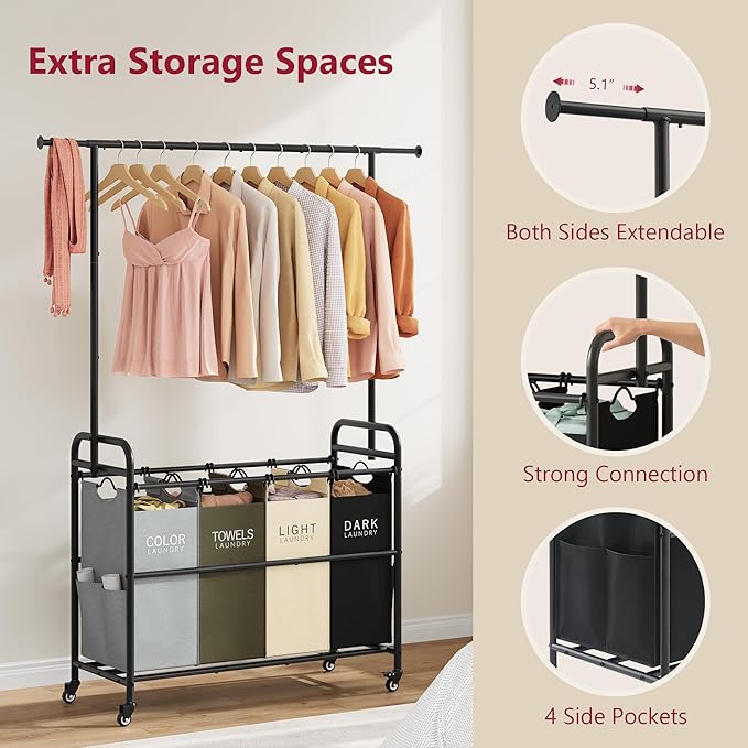 Tajsoon Laundry Sorter Cart with Hanging Clothes Rack, 4 Butler Sorter Basket Organizer, Laundry Hamper Cart with Heavy Duty Rolling Lockable Wheels, 4 Colors